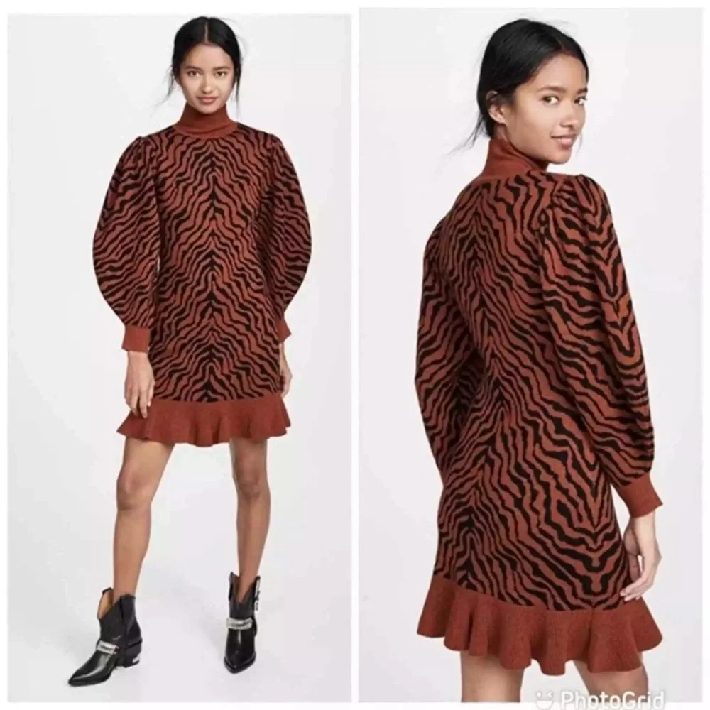 Ulla Johnson Joni Animal Tiger Puff Sleeve Sweater Dress Rust 13791